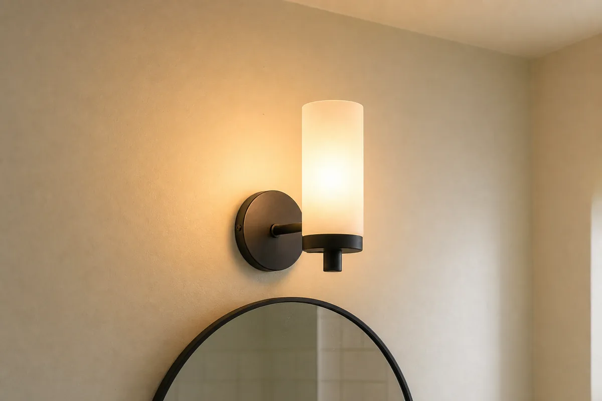 A small US apartment bathroom with a single matte black wall sconce above the mirror emitting a soft warm-white glow