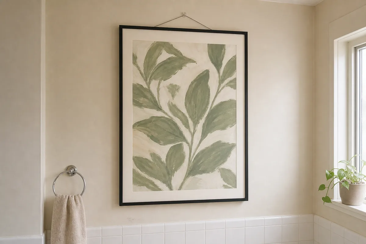 A small US apartment bathroom with one large framed botanical print on the wall opposite the sink, single statement piece taking 60 percent of wall width