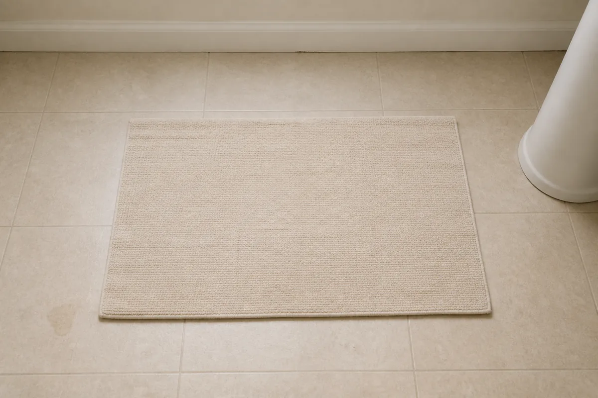 A small US apartment bathroom with a cream bath mat on light vinyl floor, both colors at the same value blending visually