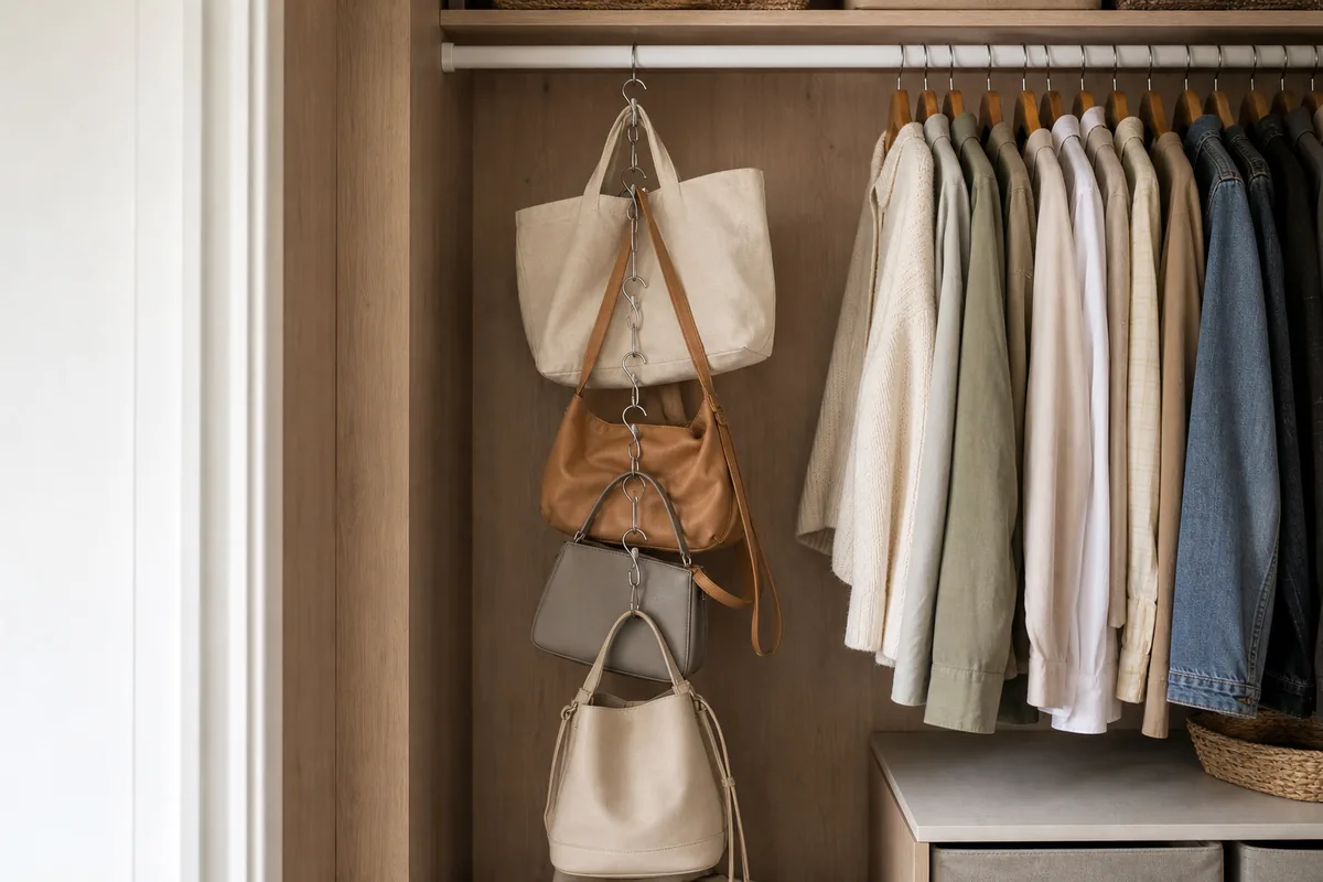 Four or five plain handbags hanging in a vertical cascade from S-hooks on a closet rod, each on its own hook, kept visible and off the shelf