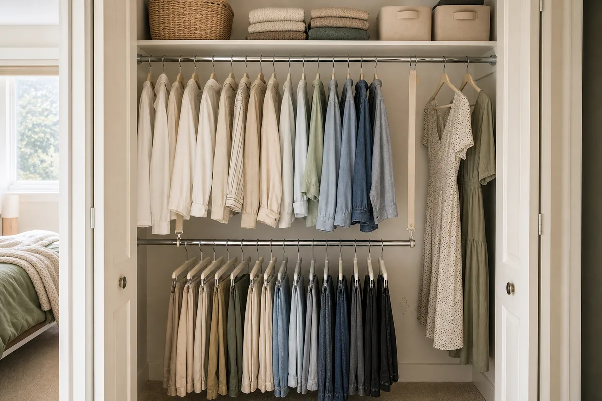 A small reach-in closet with two stacked hanging rods, shirts and folded pants hung on both the upper and lower rod, white melamine interior, soft daylight