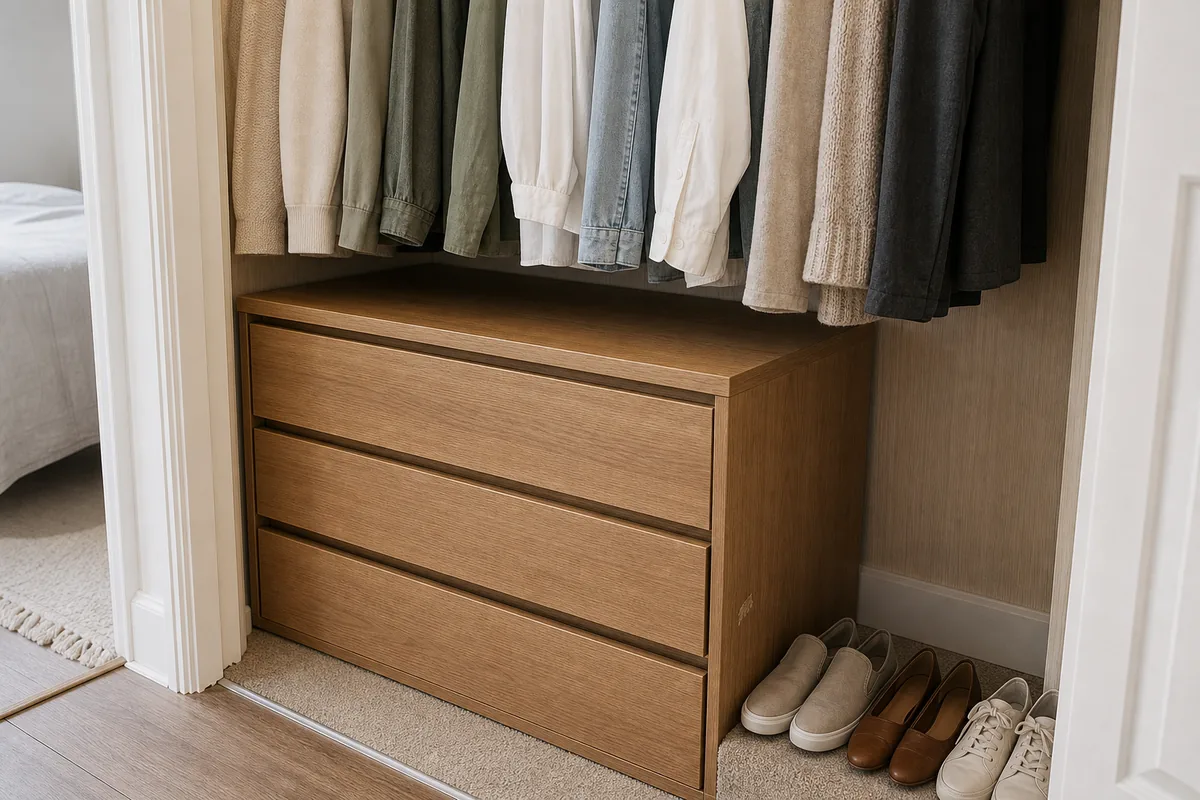 A low three-drawer dresser on the closet floor tucked beneath short-hanging clothes, turning the dead floor into drawers, shoes lined neatly beside it