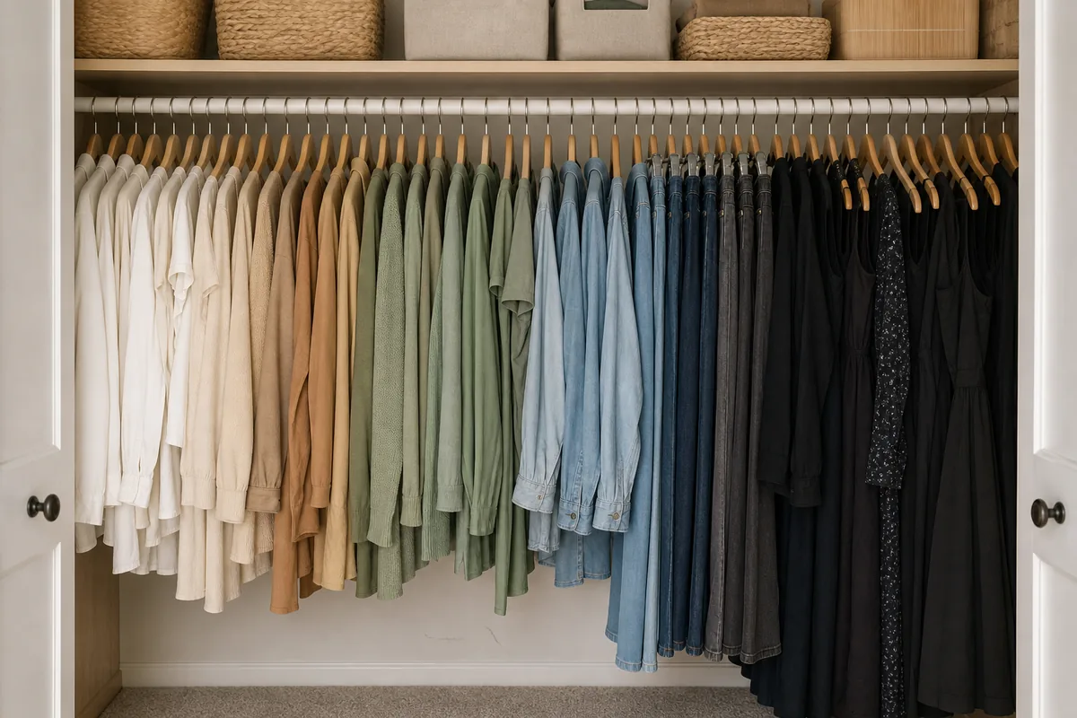A closet rod with clothes arranged by type and faded light to dark within each group, the gradient making a full rod read calm and deliberate