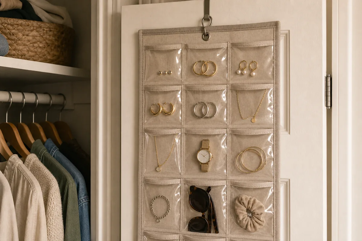 A hanging clear-pocket jewelry organizer on the back of a closet door with earrings, necklaces, and sunglasses sorted into visible pockets