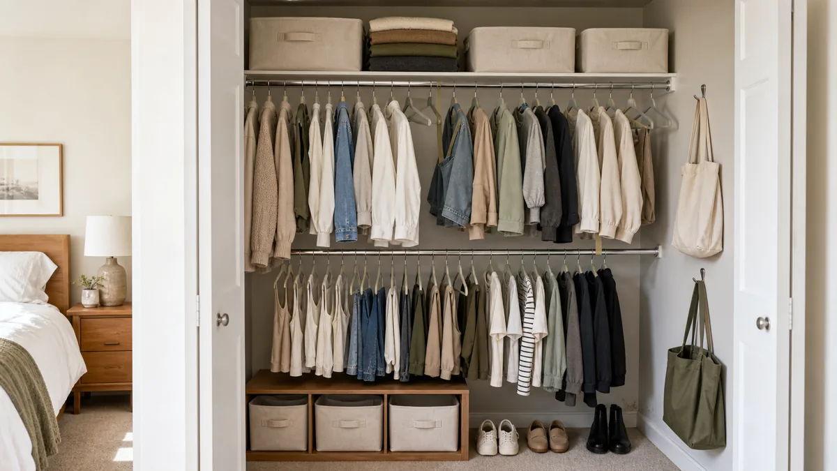 A small US apartment reach-in bedroom closet with the doors open, organized top to bottom: a doubled hanging rod with clothes on slim matching hangers, a divided top shelf holding labeled bins and folded sweaters, a low cube unit on the floor with shoes lined up beside it, a tote bag on the side wall, soft daylight from the bedroom