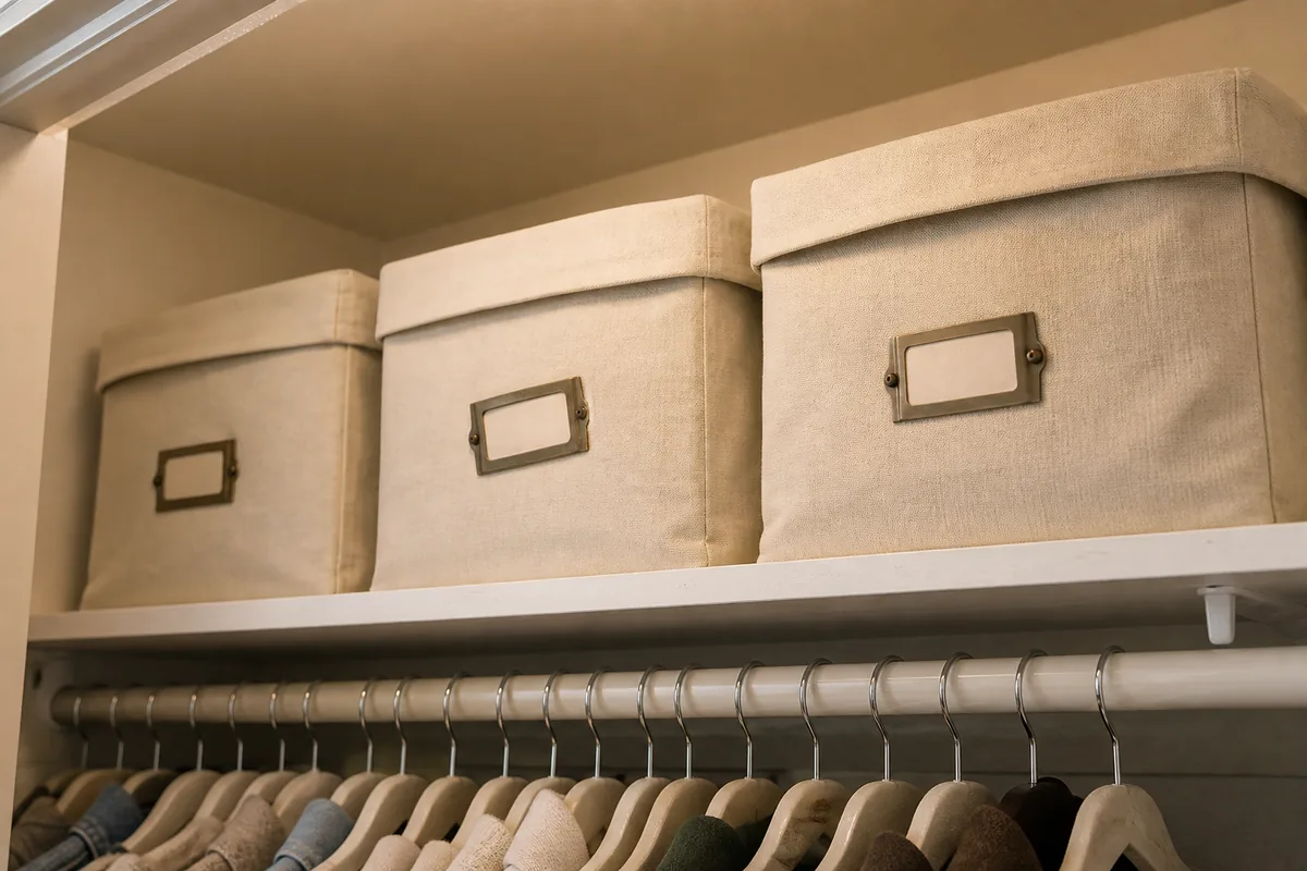 Matching labeled fabric bins lined up on a closet top shelf holding off-season clothes, breathable handles facing out, folded sweaters beside them