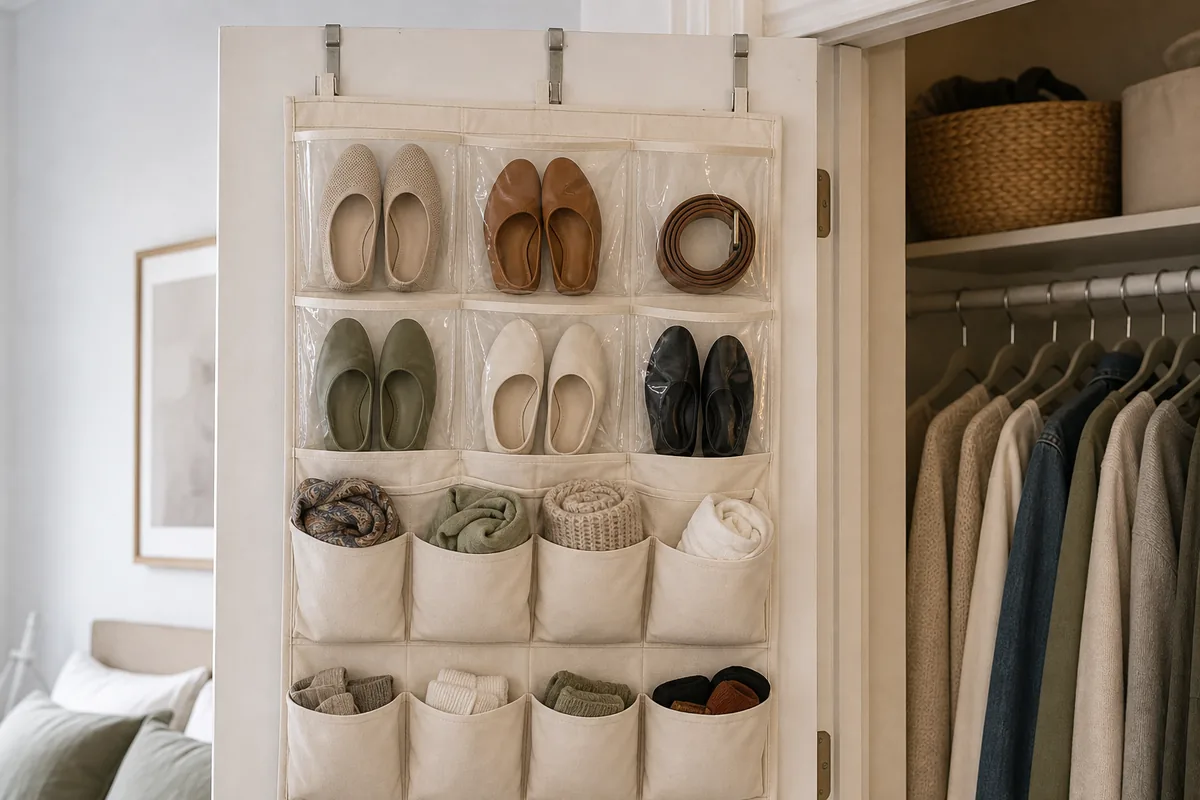 The inside of a closet door with a hanging clear-pocket organizer holding shoes and small items, hooked over the top of the door, hanging flat against the back