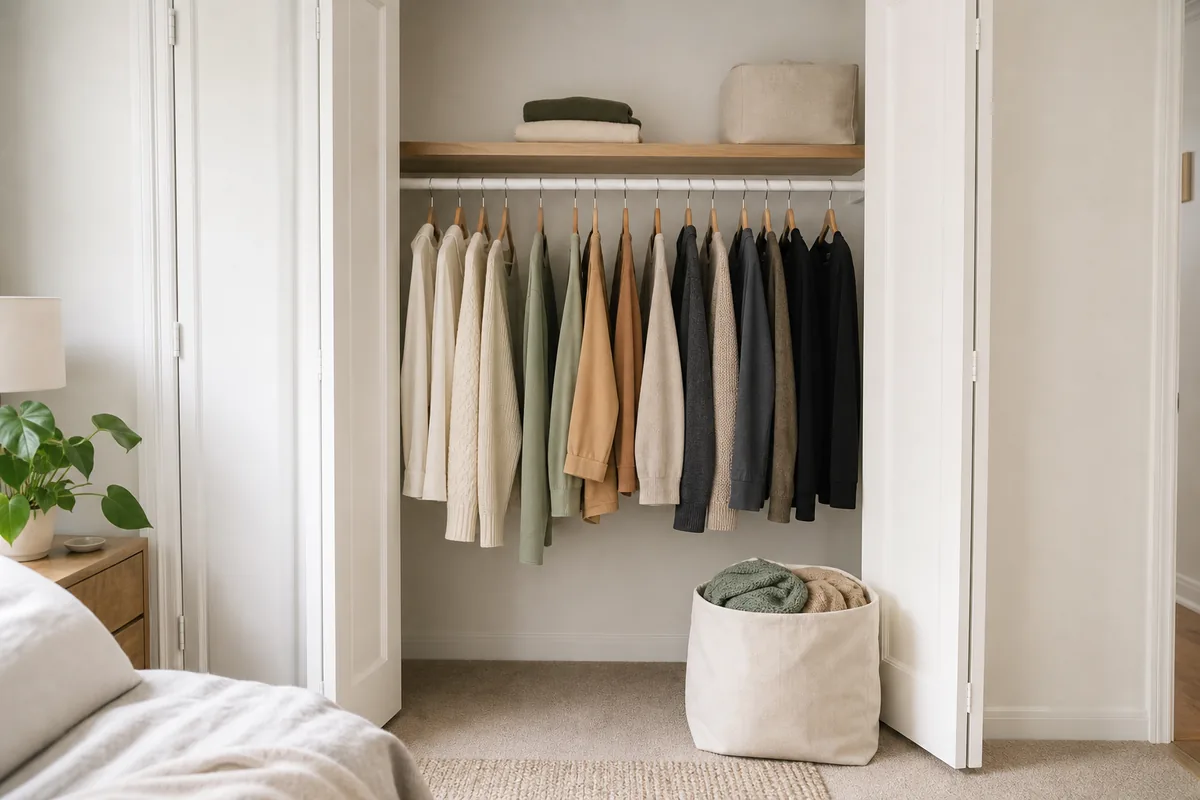A pared-down reach-in closet with neutral clothes evenly spaced and room to breathe, a round woven floor basket beside it after a seasonal edit