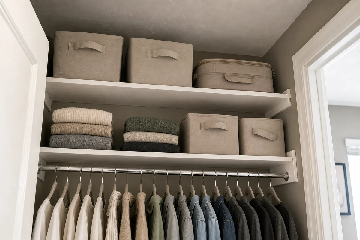 Looking up at the top of a reach-in closet with two stacked shelves holding folded items and labeled bins, the dead space near the ceiling captured