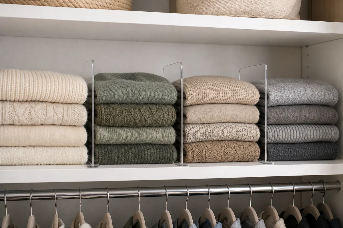 Folded sweaters standing upright between clear acrylic shelf dividers on a closet shelf, each stack held in its own slot