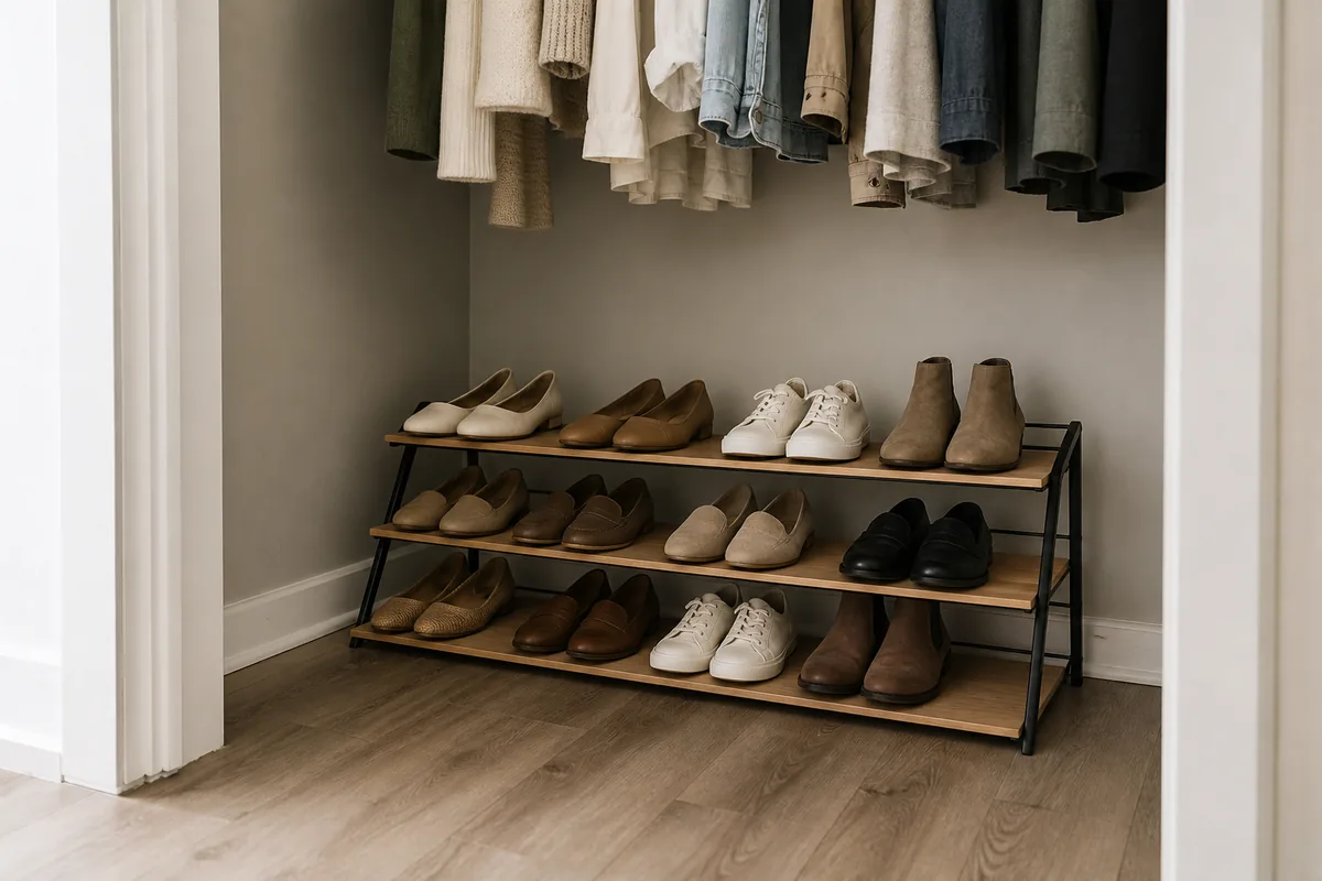 A slim tilted shoe rack along the closet wall with pairs lined up and visible, the rest of the closet floor clear and open to the back wall