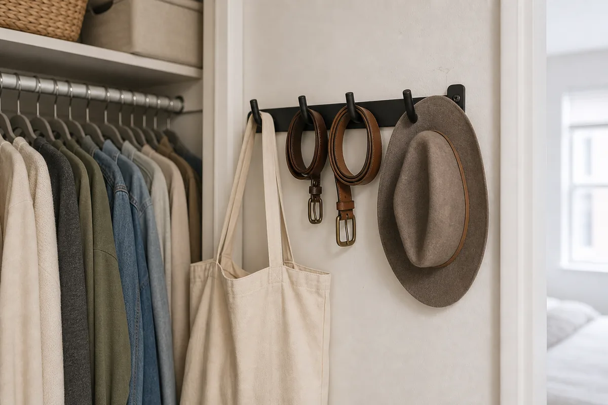 A reach-in closet side wall fitted with a row of hooks holding a tote bag, a couple of belts, and a hat, using the narrow vertical wall space