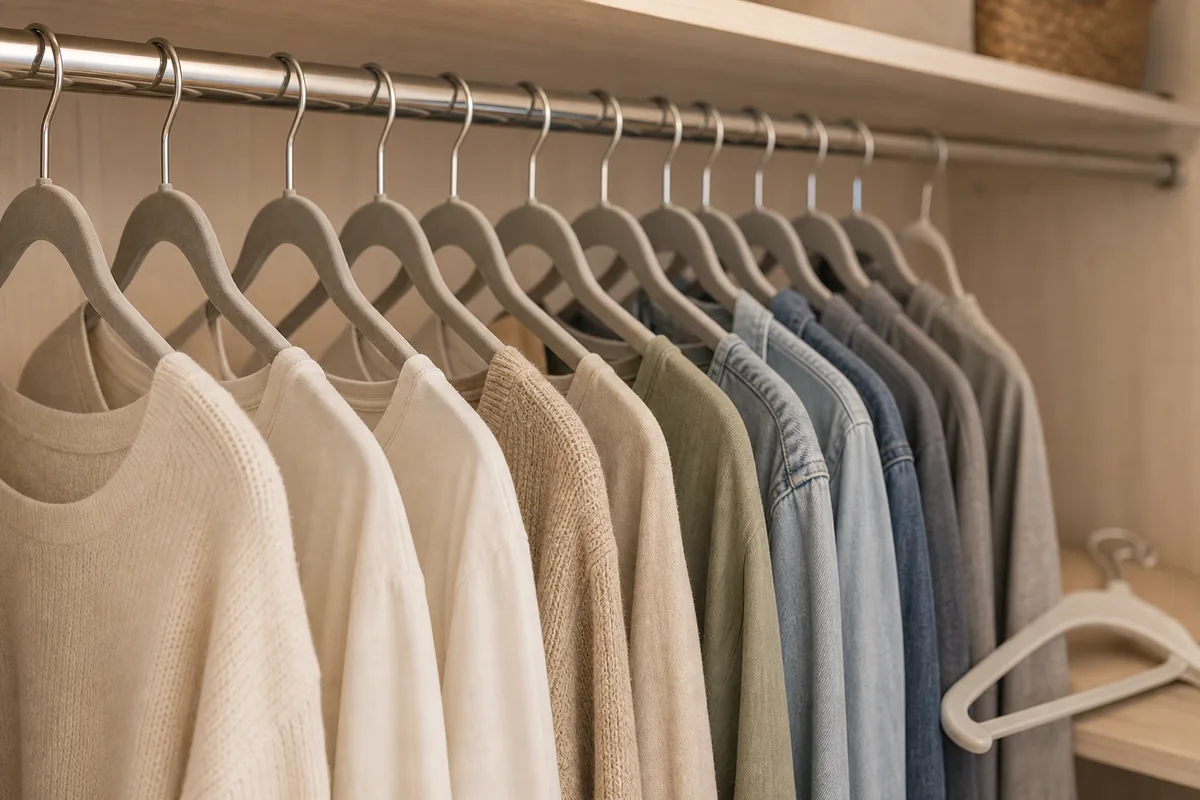 A close view of a row of identical slim velvet hangers on a closet rod, clothes evenly spaced at a uniform depth, calm neutral palette