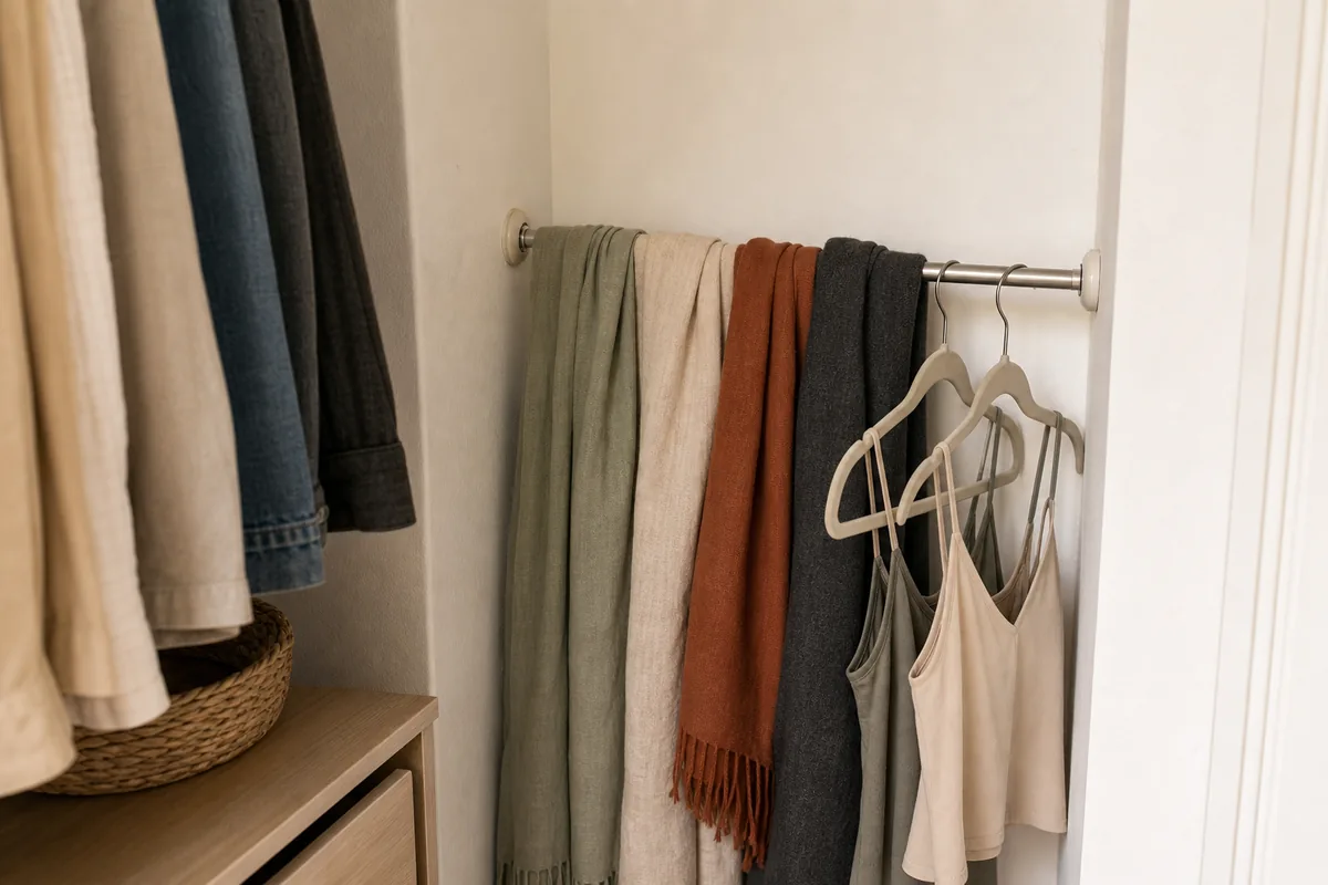 A short tension rod fitted across a dead closet corner with several muted scarves draped over it and a couple of empty hangers, no hardware used