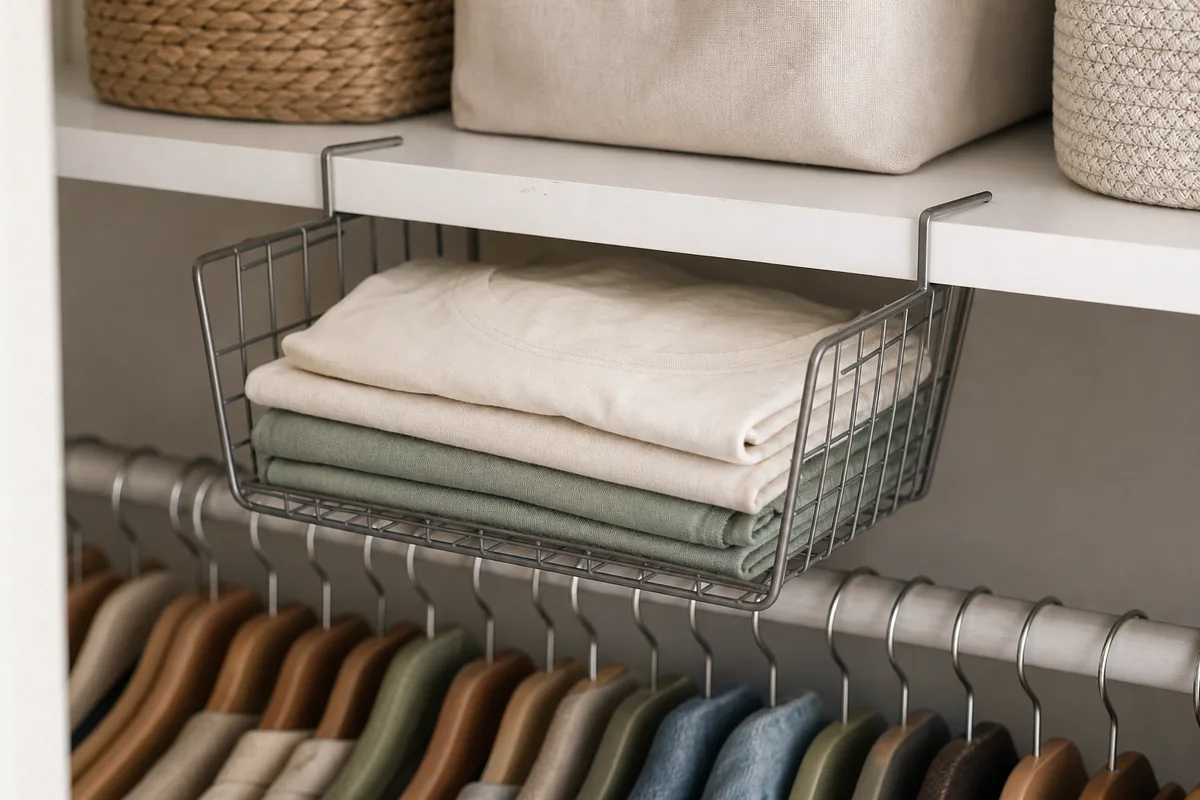 A woven basket clipped onto the underside of a closet shelf, hanging in the gap above the clothes and holding folded tees, reclaiming dead air