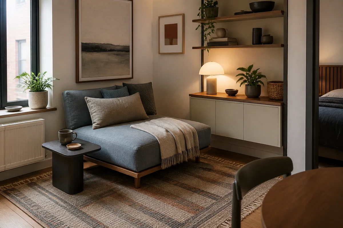 Small living room vignette with a dusty blue-gray daybed, warm storage, soft rug, and calm repeated tones.