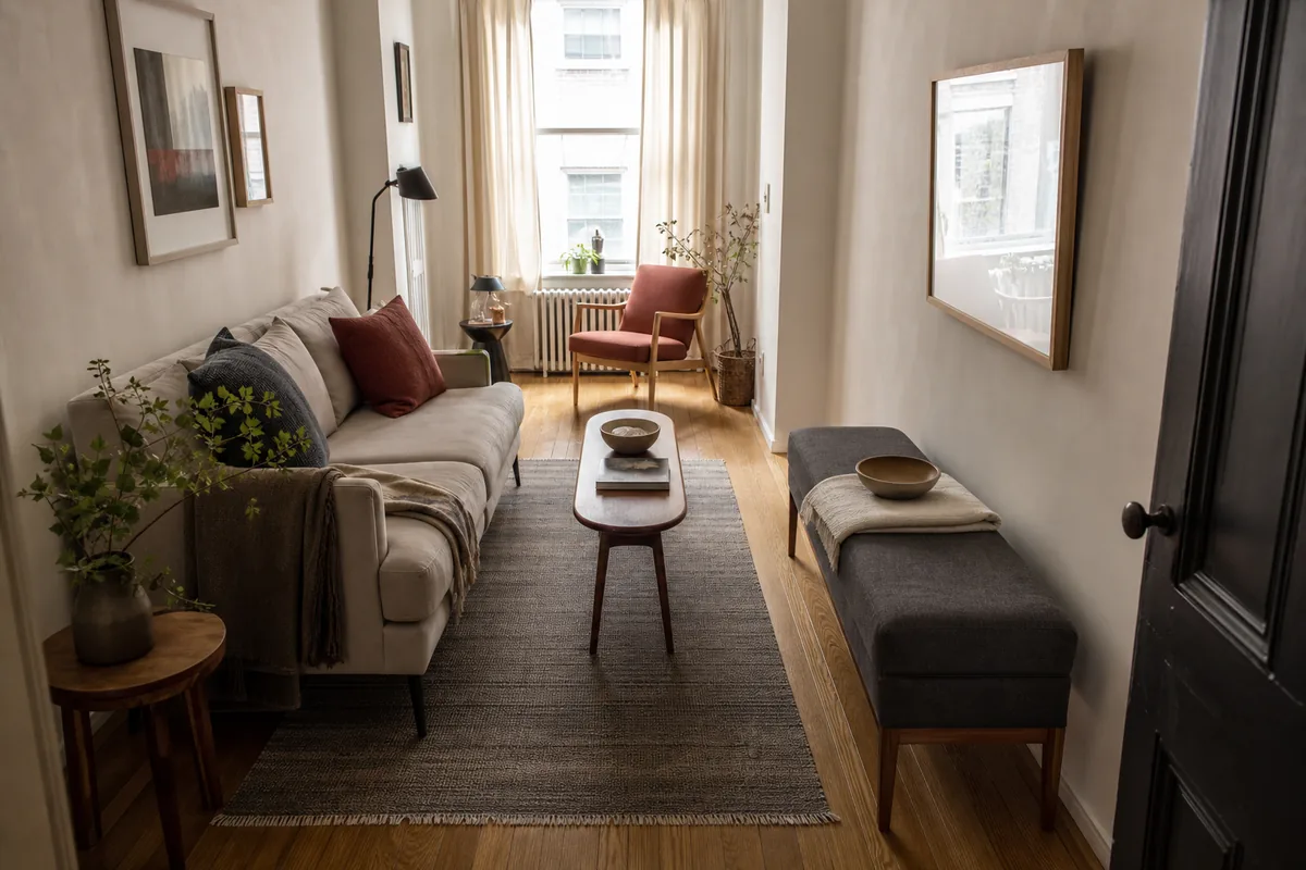 Narrow apartment living room with a clear walkway beside a compact loveseat, slim bench, and flatweave rug.