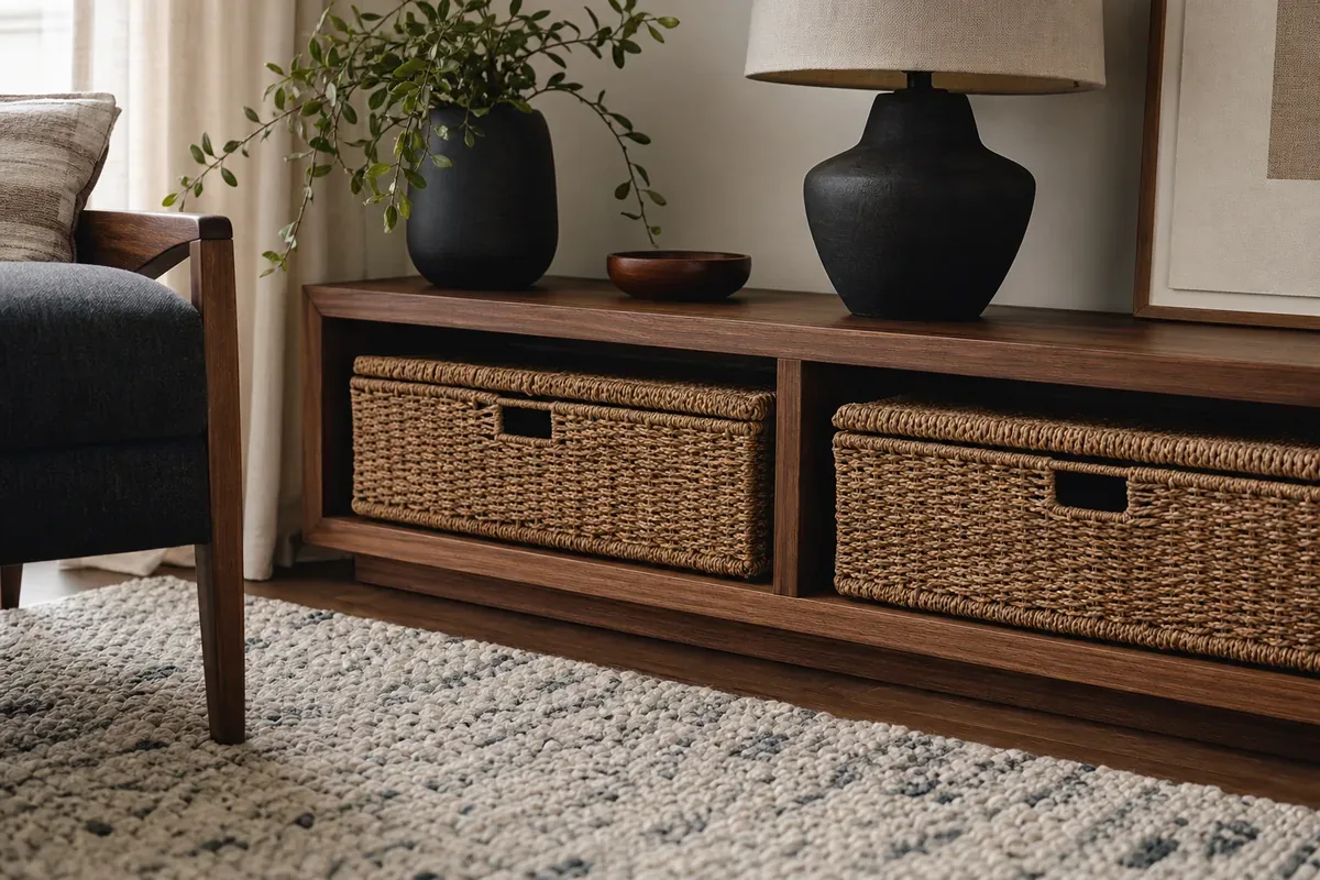 Small living room storage detail with closed woven baskets under a low wood console.