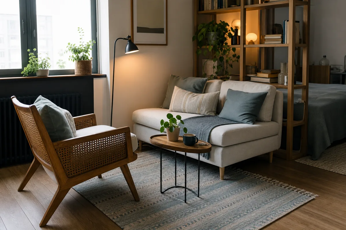 Studio apartment living area with one floating accent chair angled near a compact sofa and open divider shelf.