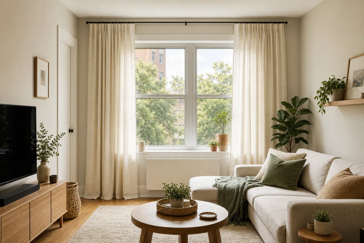 Small living room window with curtains hung high and wide to make the room feel taller and brighter.