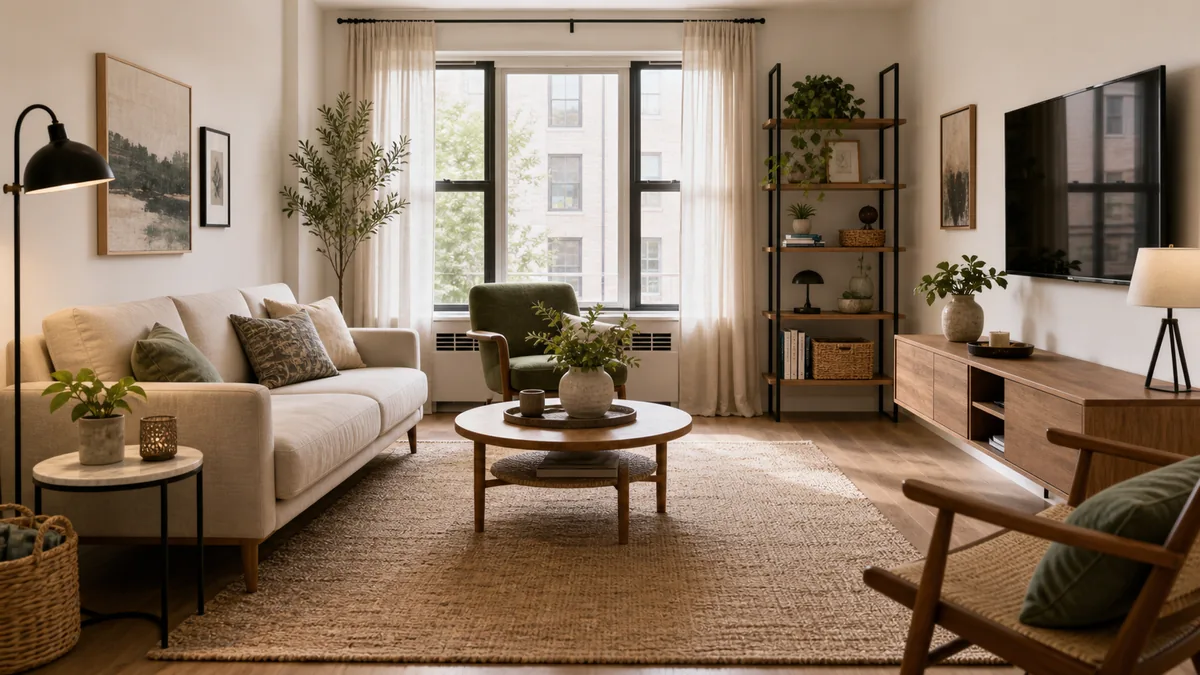 Small apartment living room with a slim sofa, large rug, warm natural light, and clean storage that makes the room feel open.