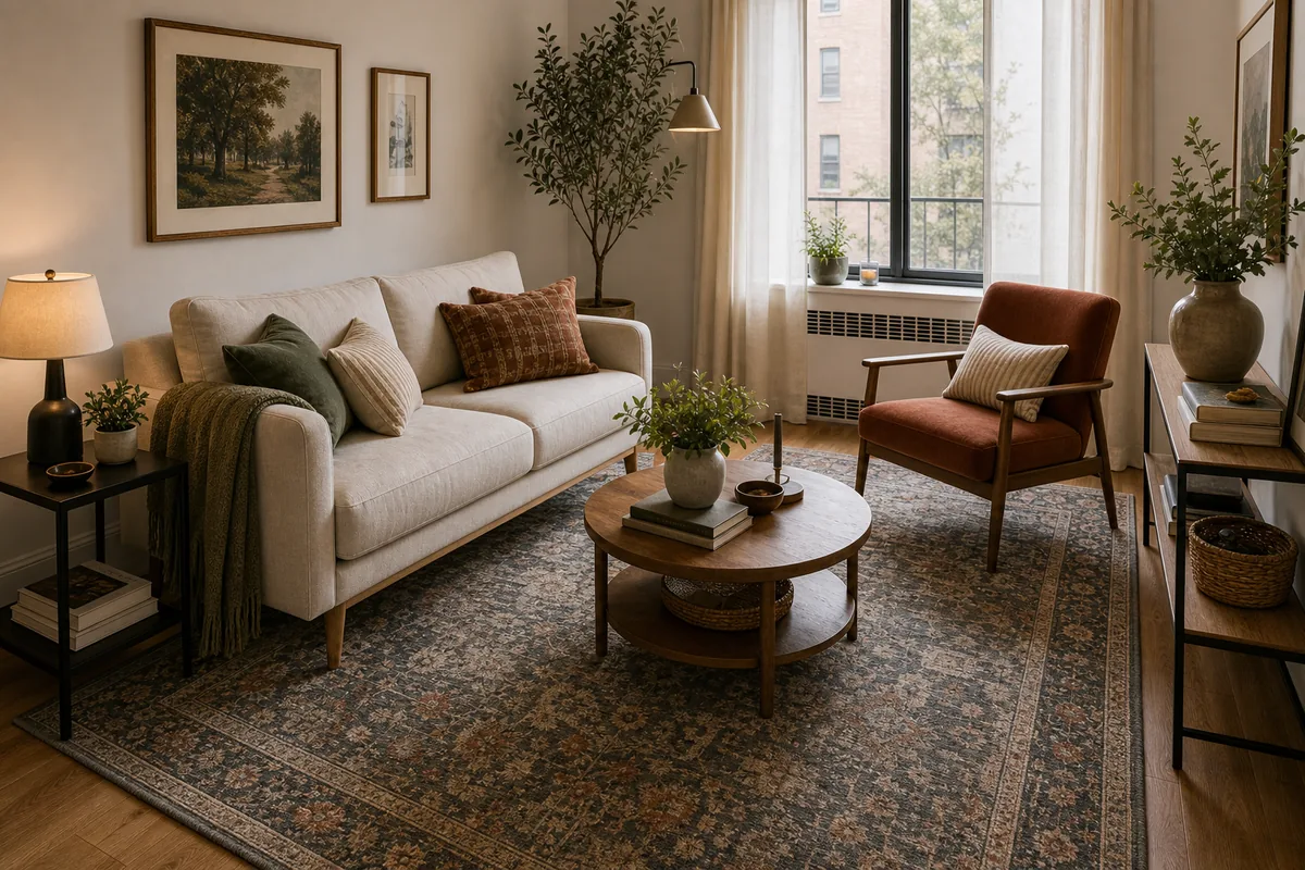 Small living room with a large rug placed under the sofa and chairs to connect the seating area.