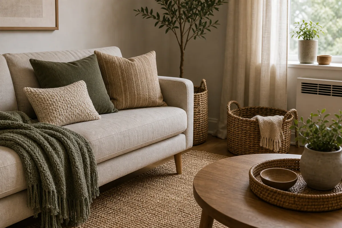Small living room with layered texture from linen curtains, woven baskets, a wool throw, and neutral pillows.