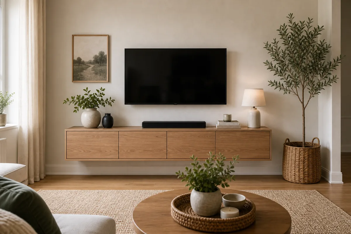 Small living room media wall with low wall-mounted storage and a simple open wall above it.
