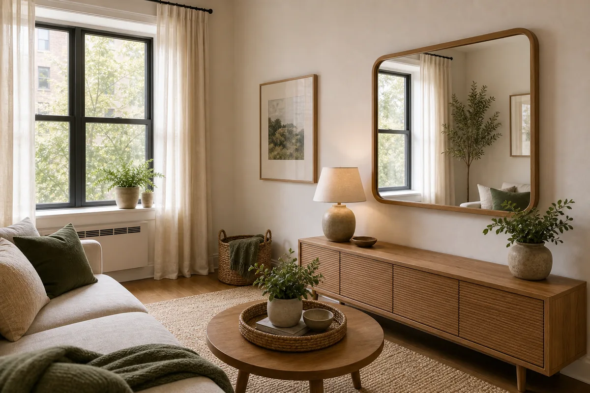 Small living room mirror placed across from natural light to brighten a compact seating area.