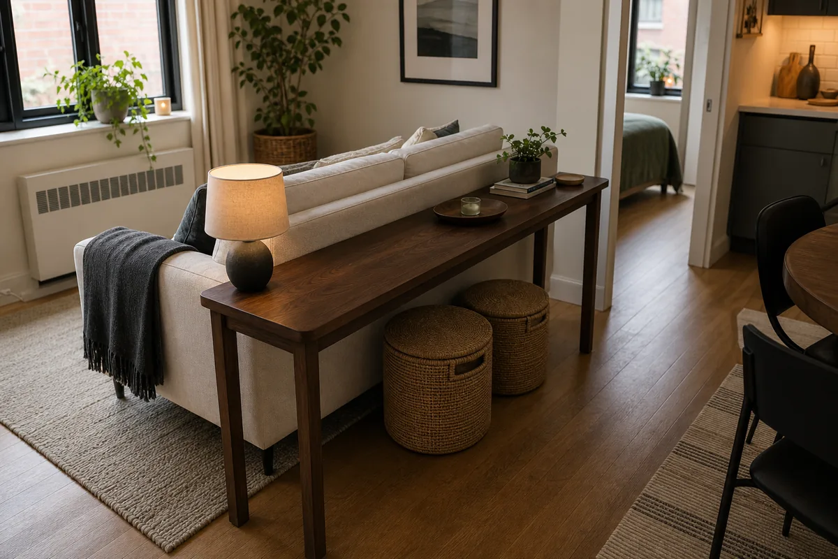 Small open-plan living room with a narrow console behind the sofa for a lamp, tray, and compact storage.