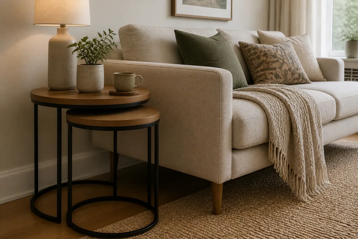 Small living room with nesting tables beside a sofa to provide flexible surface space.