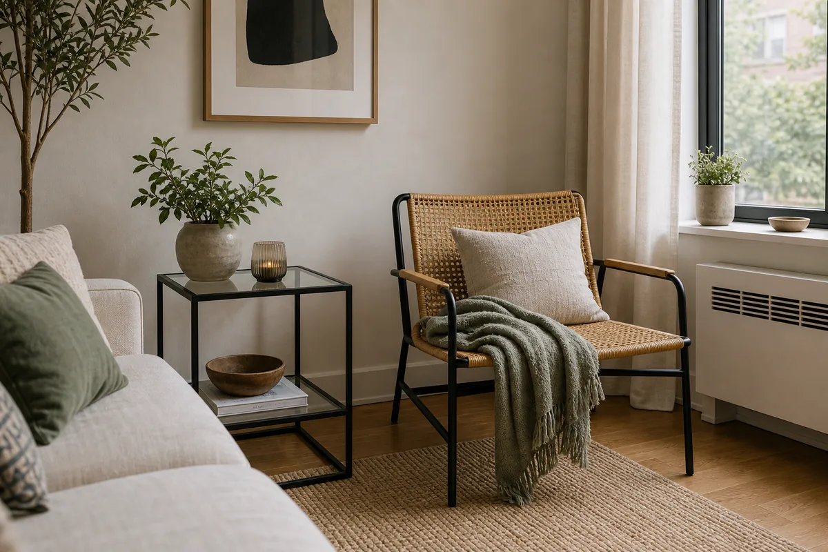 Small living room with open-frame accent furniture that keeps the sightlines clear.