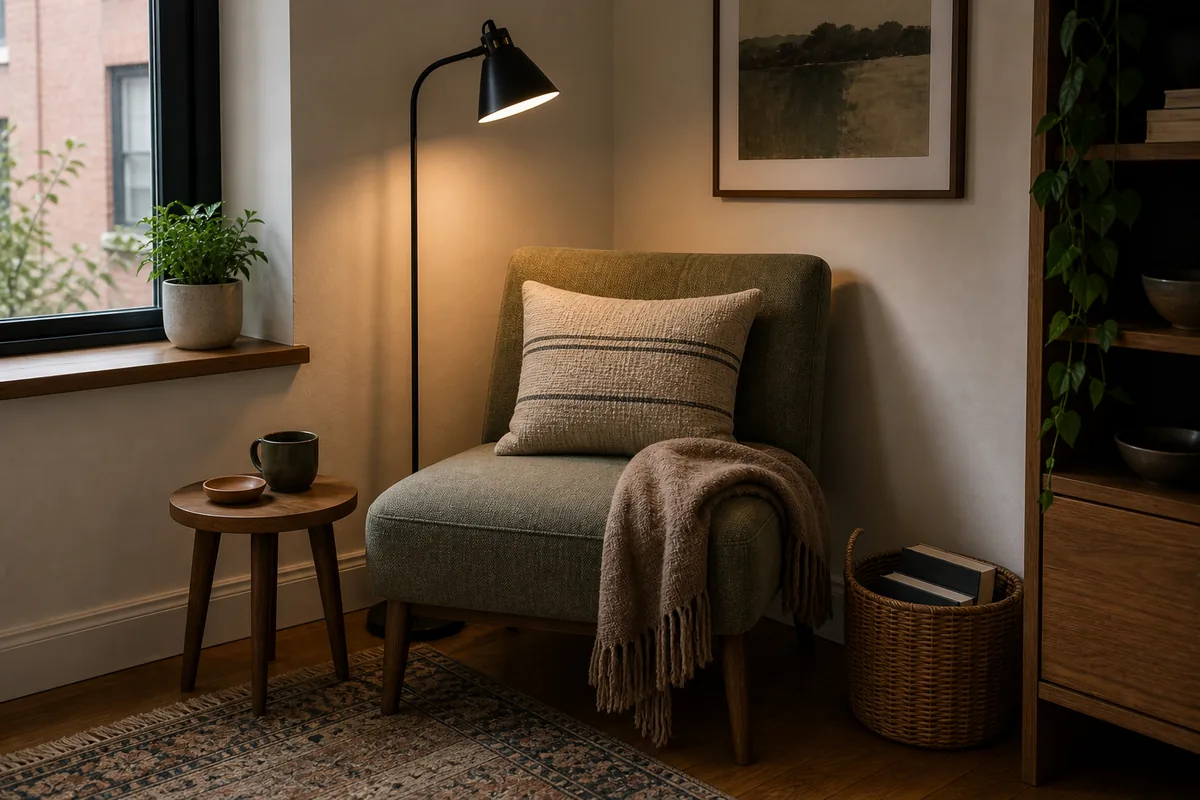 Small living room corner styled as a simple reading nook with one chair, a slim lamp, and a small table.