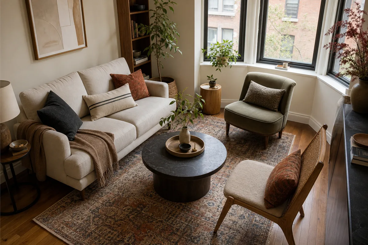 Small living room with a round dark coffee table that leaves easier walkways between the sofa and chairs.