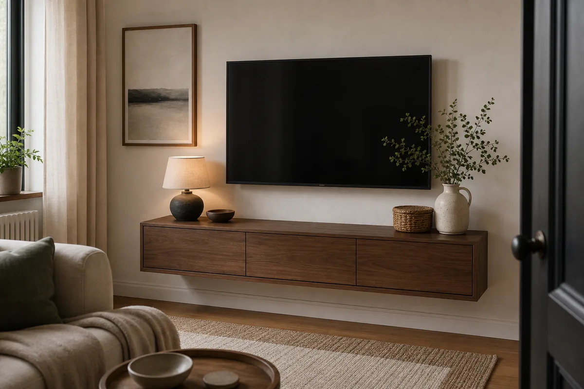 Small living room TV wall with a low cabinet, hidden cords, and simple decor.