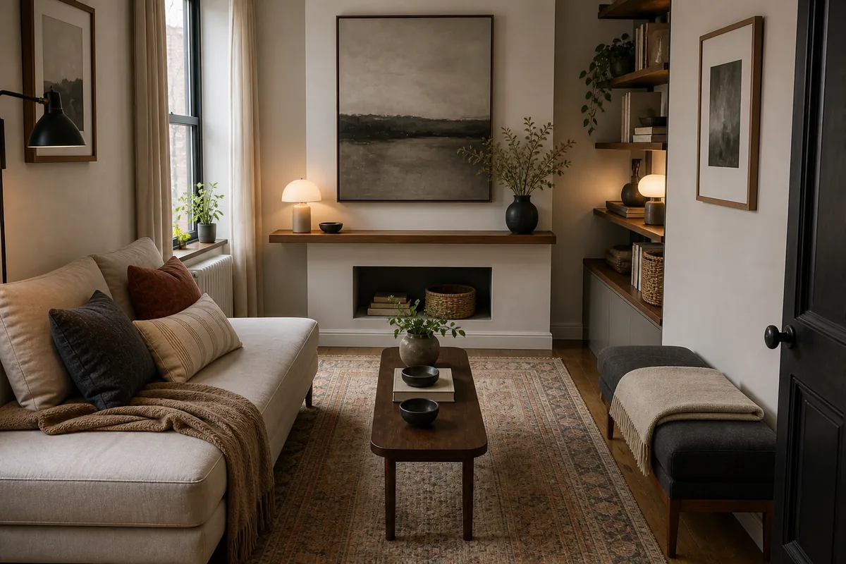 Small living room edited around one focal point with a sofa, wall art, rug, and simple storage.
