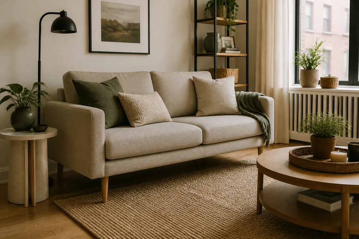 Small living room with a slim sofa on visible legs, a neutral rug, and light furniture that keeps the floor open.