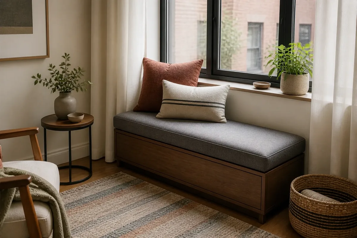 Small living room window bench with hidden storage, cushions, and a compact seating zone.