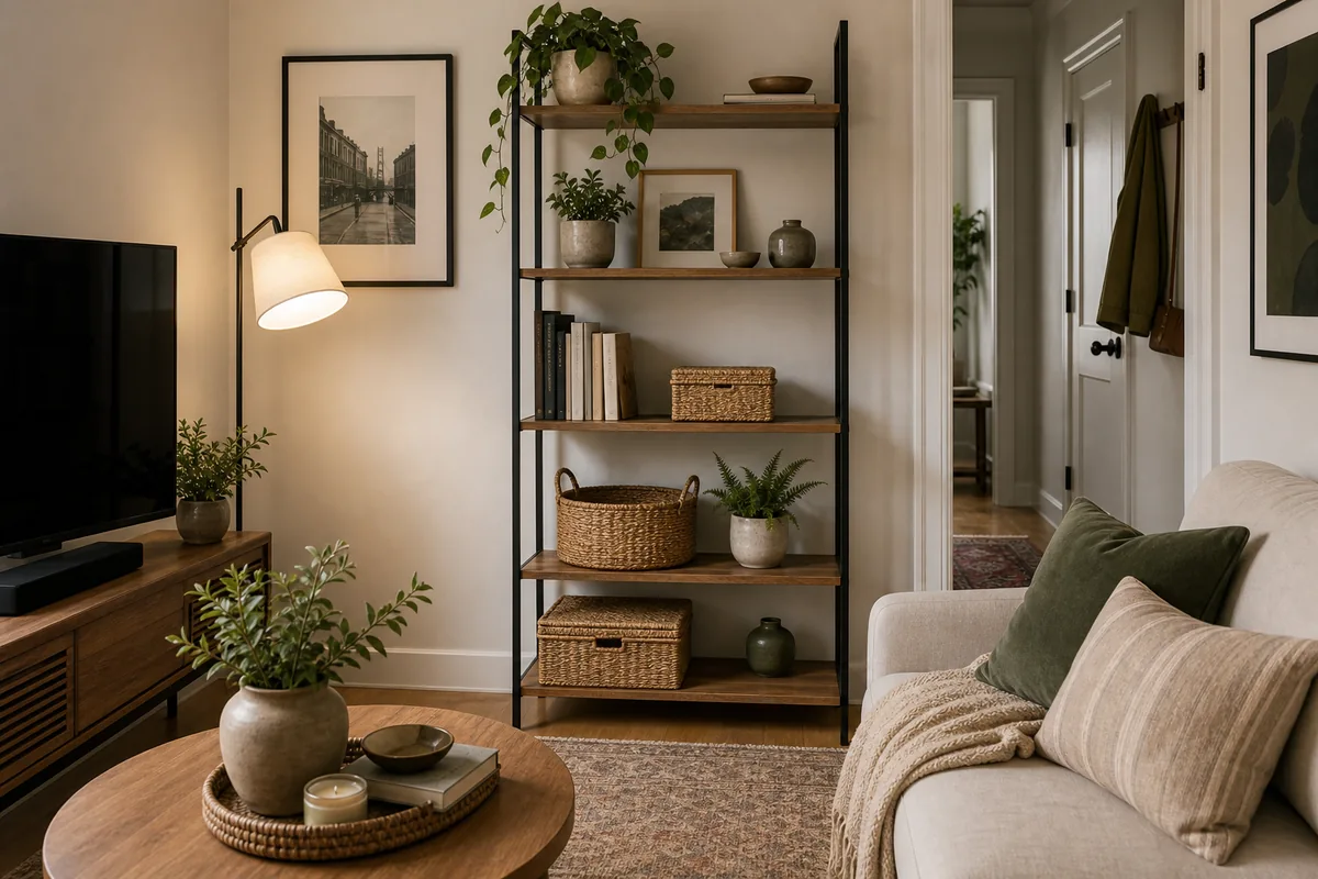 Small living room with one tall shelf styled with baskets, books, plants, and open space.