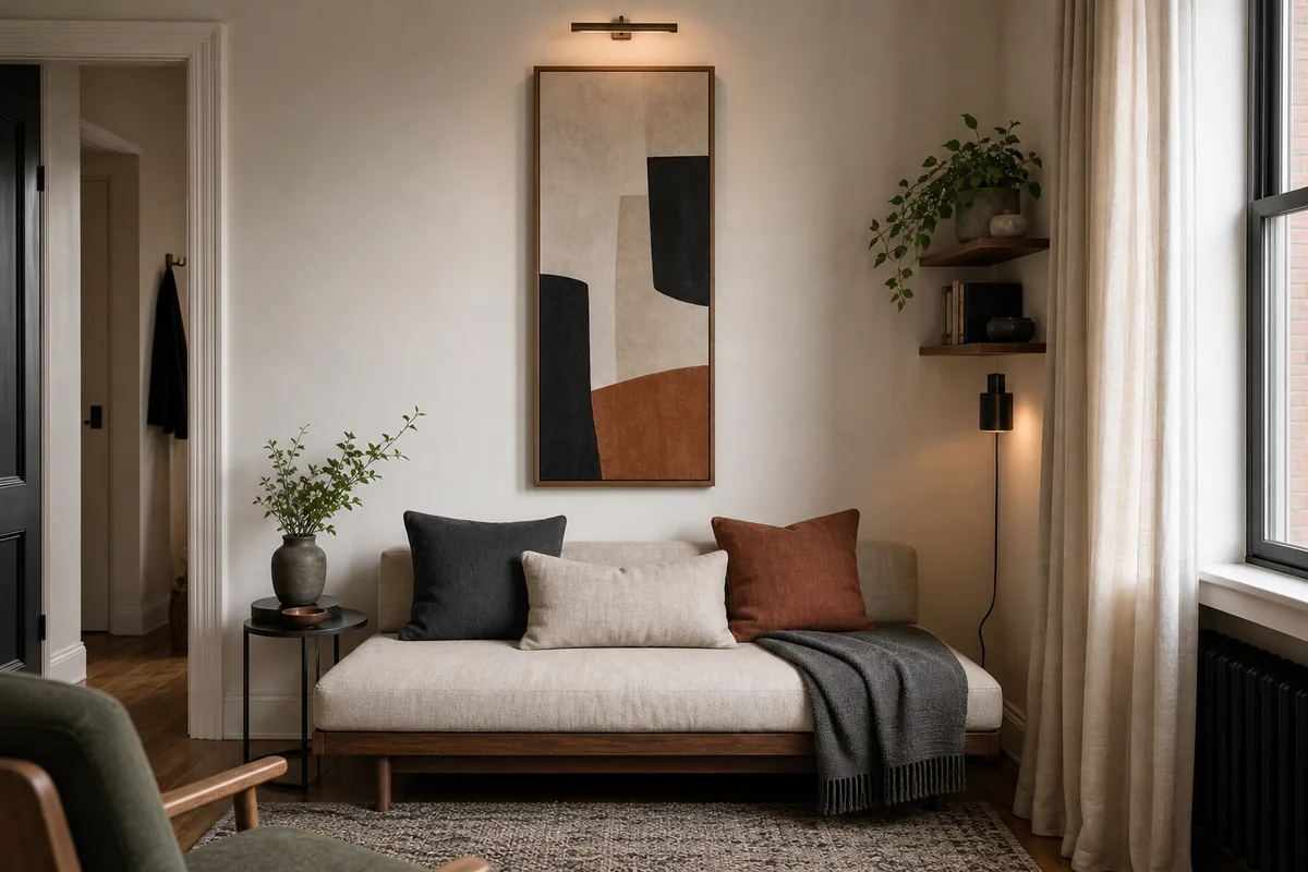 Small living room sofa wall with tall vertical art that draws the eye upward.