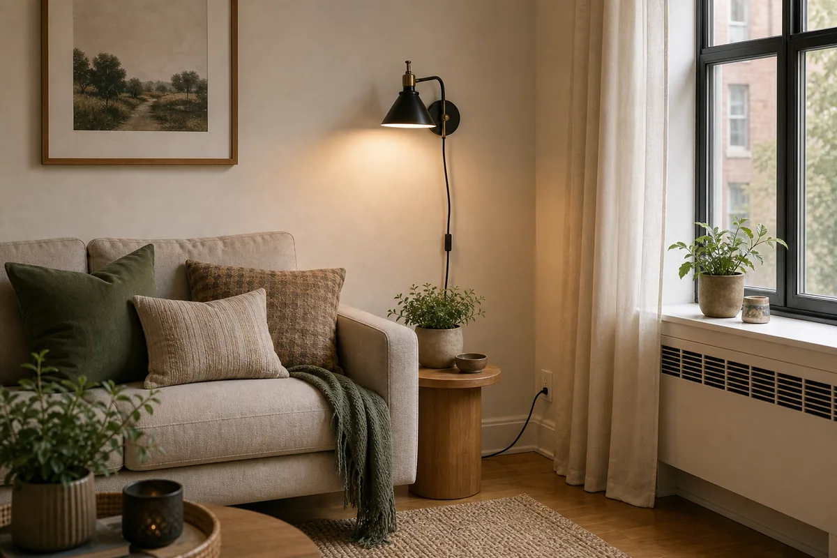 Small living room with warm wall lighting and a slim lamp adding light without taking over table space.