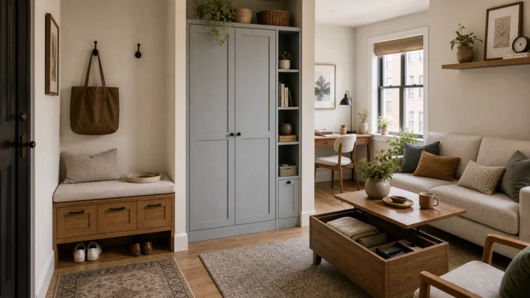 Small home with built-in storage, a compact entry bench, closed cabinets, and calm living room storage ideas.