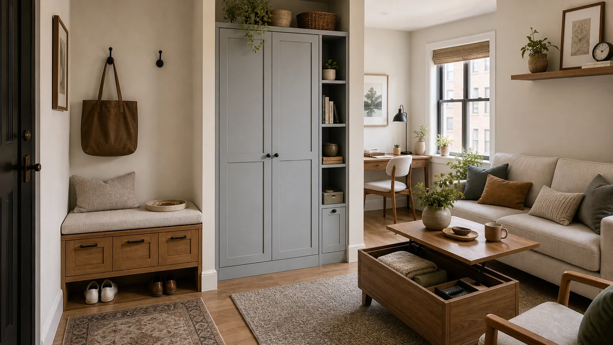 Small home with built-in storage, a compact entry bench, closed cabinets, and calm living room storage ideas.