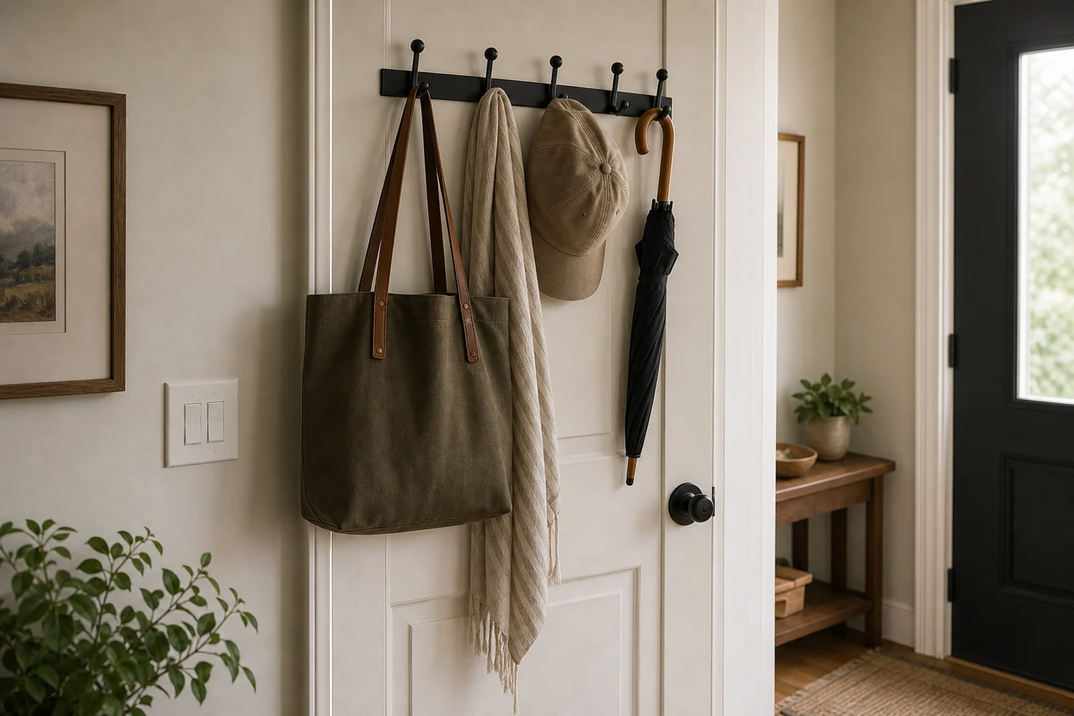 Back of a door with simple hooks for light daily items in a small space.