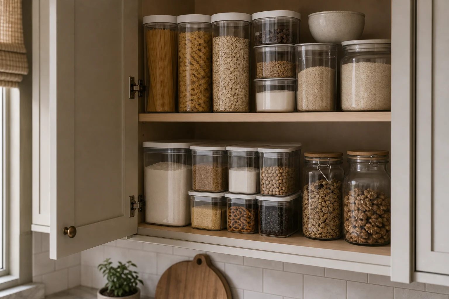 Cabinet interior with clear containers organized behind closed doors.