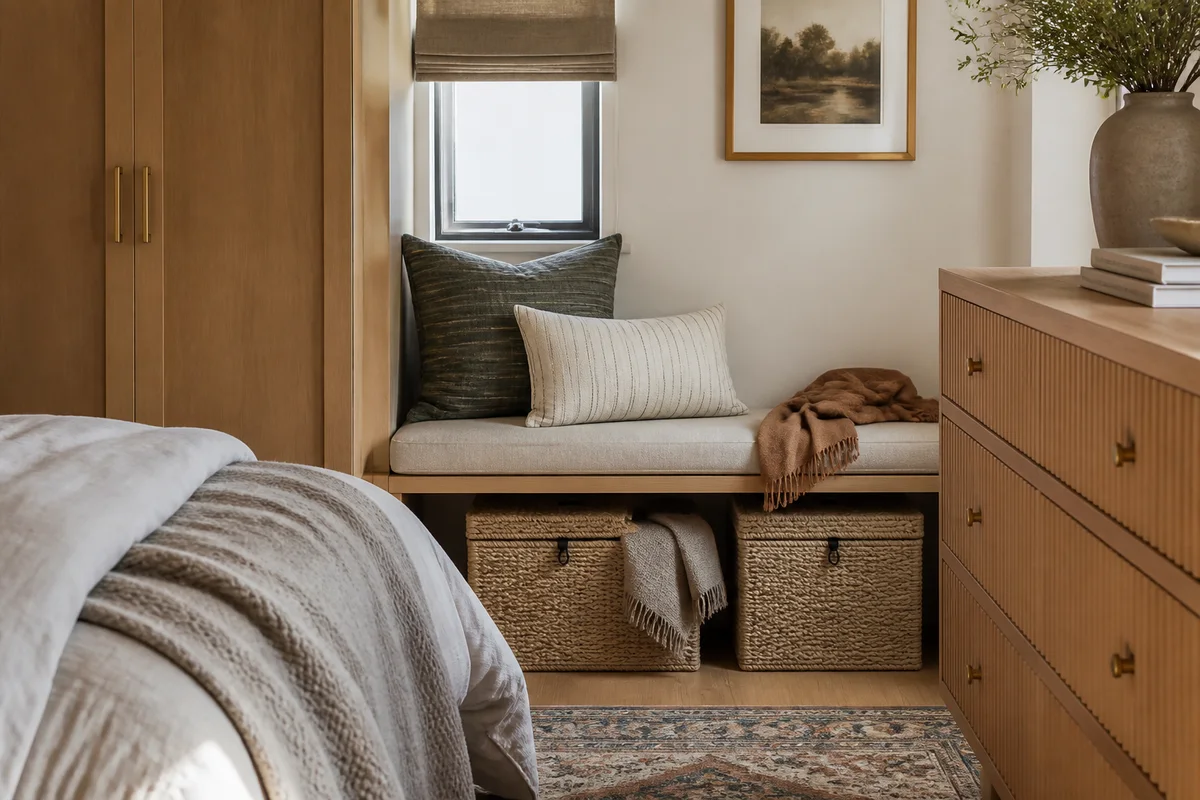 Compact room with closed woven baskets used to hide everyday clutter in a small space.