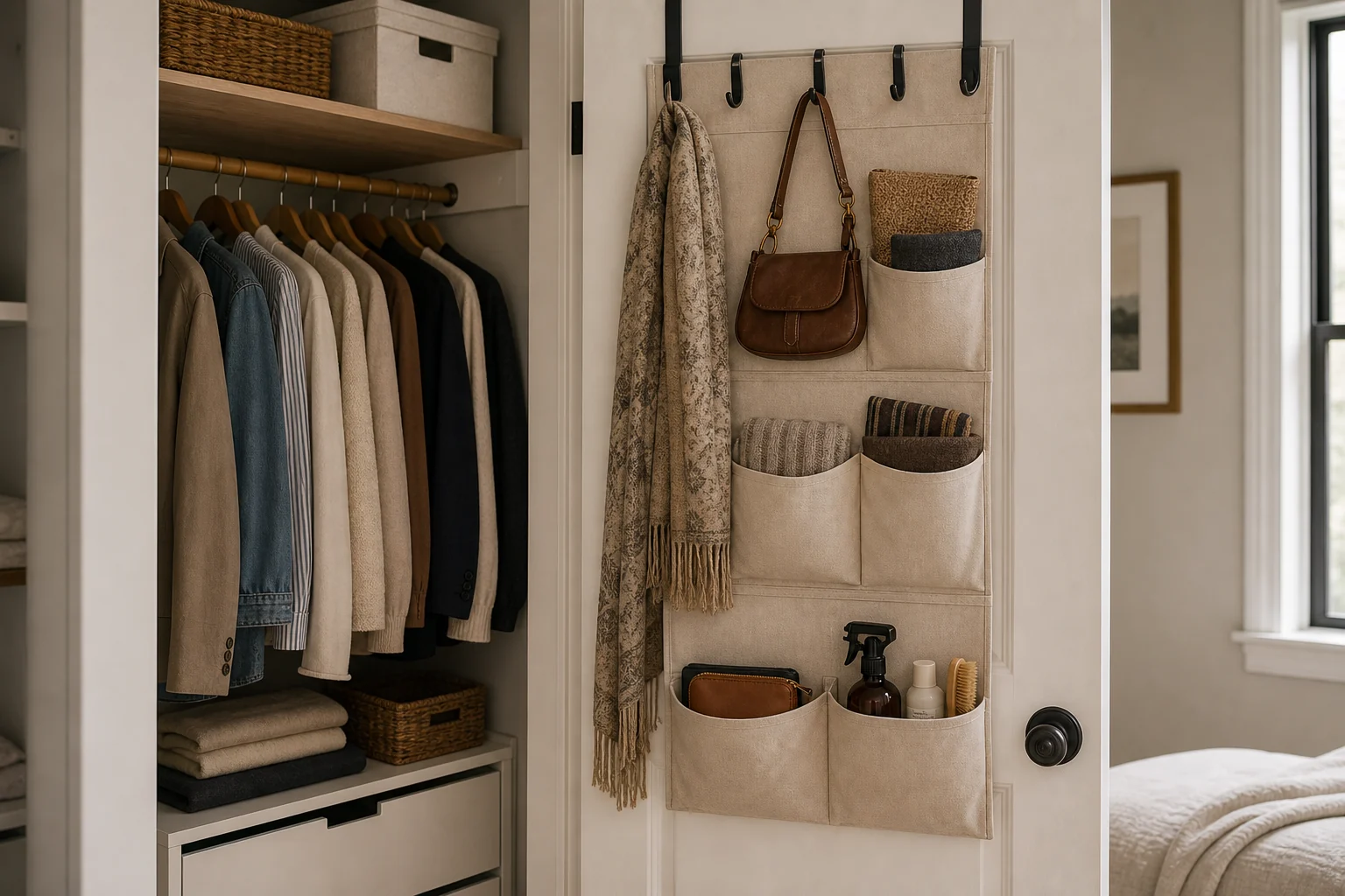Closet door organizer used for small accessories without taking floor space.