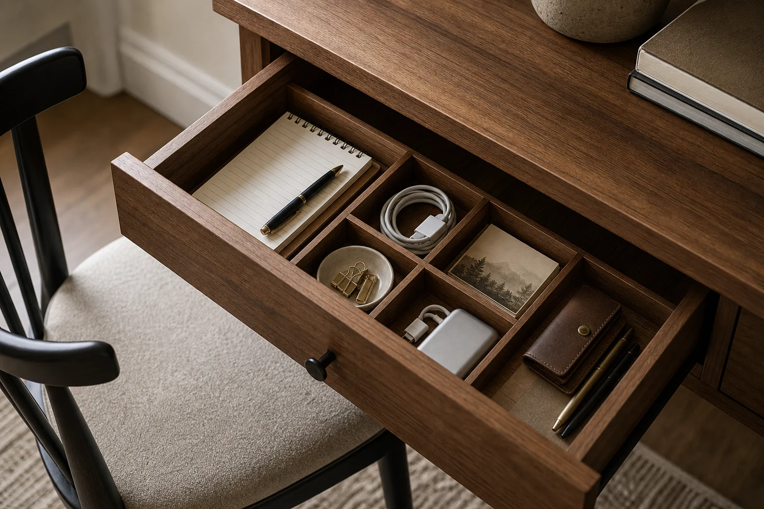 Small furniture drawer organized with dividers for everyday items.