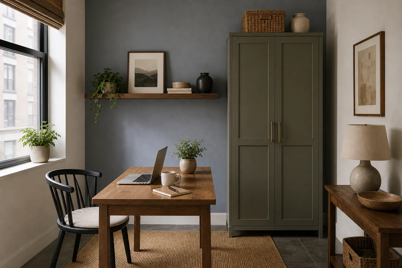 Small multipurpose room with edited storage, closed cabinets, and calm surfaces.