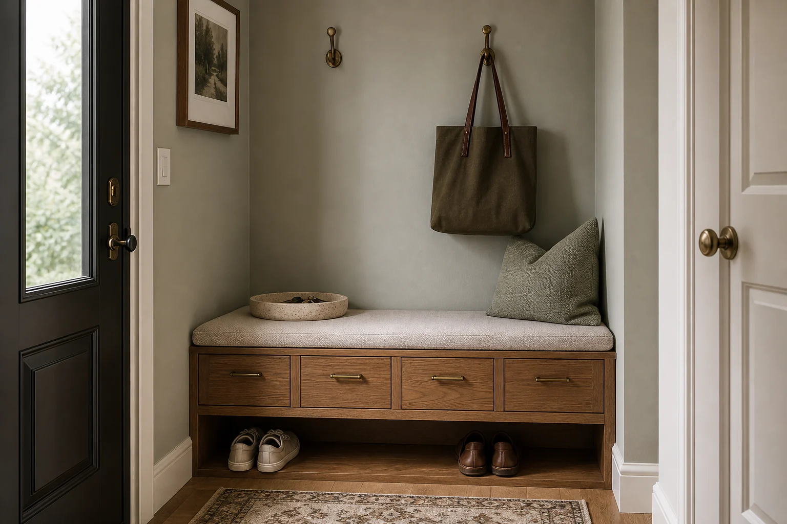 Small entryway with a narrow storage bench, hooks, and closed shoe storage.